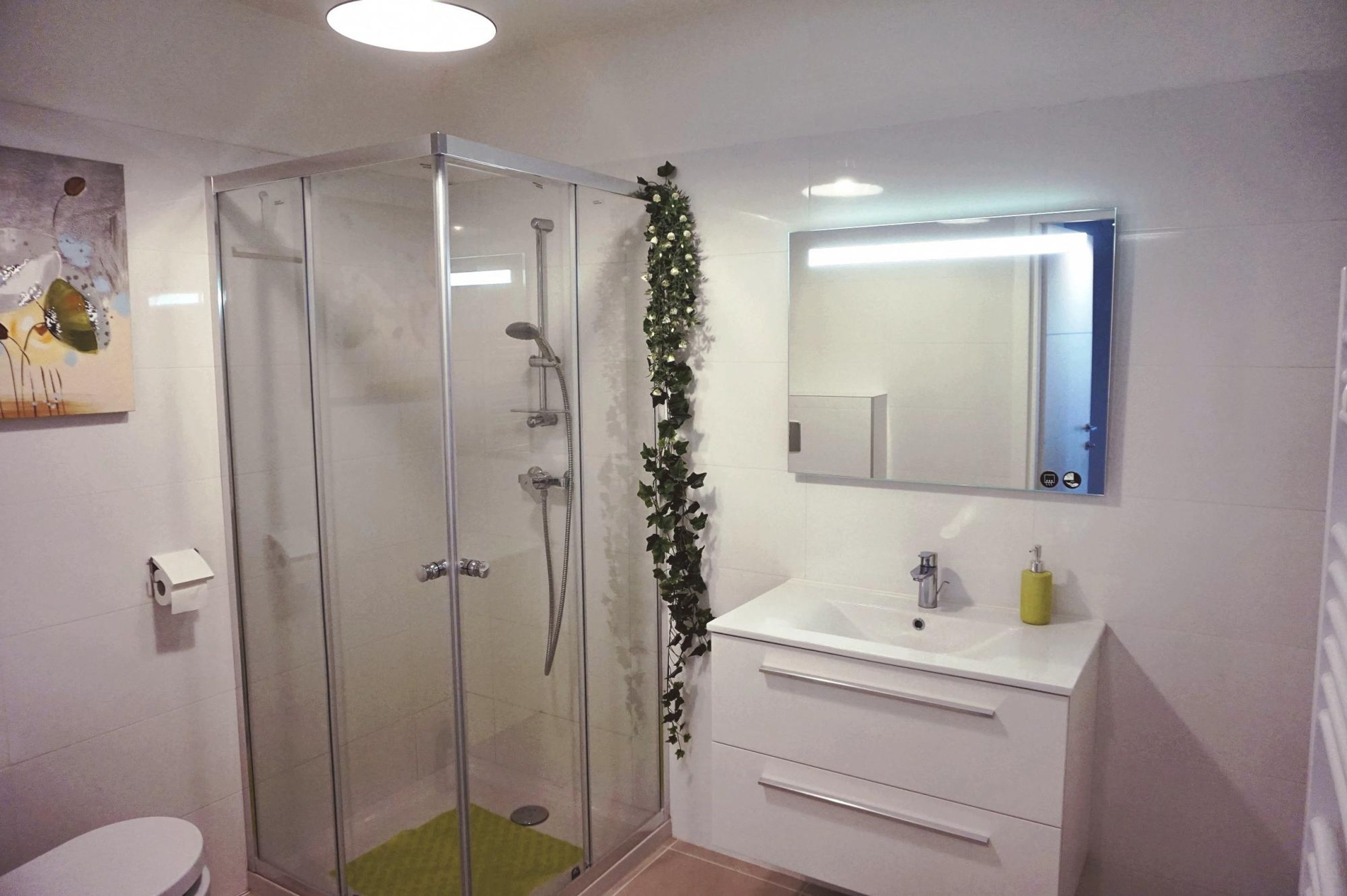 A bathroom with a glass-enclosed shower, a white sink with a mirror above it, and a toilet.