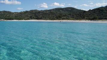 A clear turquoise sea with a sandy beach and a forested hill in the background.