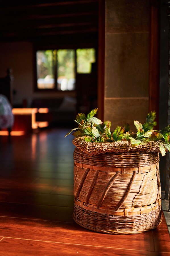 A wicker basket with green foliage on a wooden floor.
