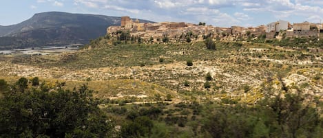 A historic town with ancient buildings on a hillside, a clear sky, and the word "ALEDO" overlaid.