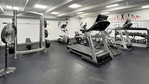 A gym with treadmills, weight machines, and a fan.