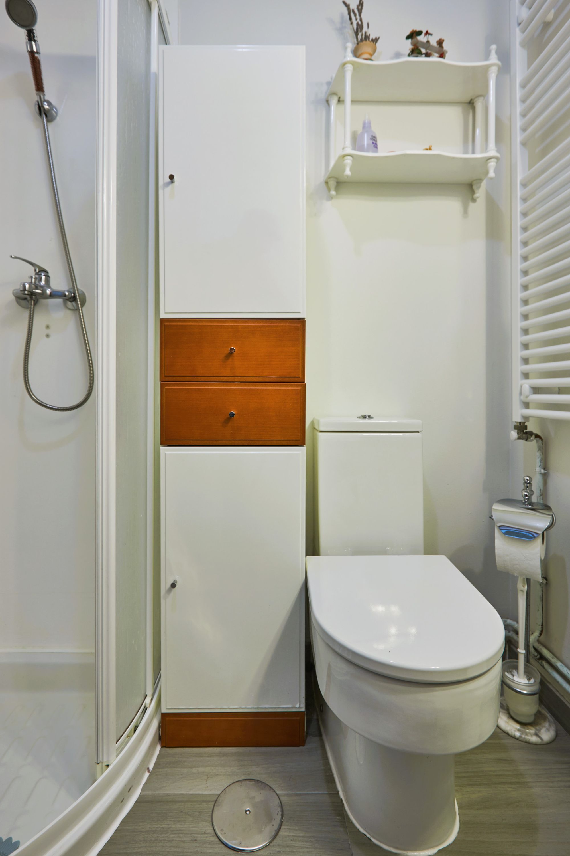 A bathroom with a toilet, a shower, and a storage cabinet.