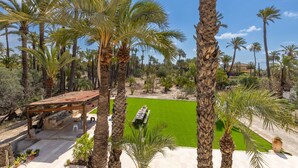A patio with a wooden pergola, a green lawn, and tall palm trees. - Historical Palms Villa by Fidalsa (Elche)