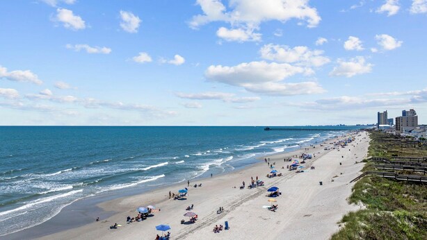 A beach with a pier extending into the ocean, sandy beach, and a row of buildings along the shore.