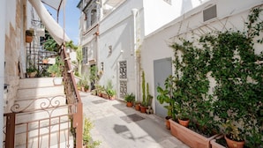 A narrow alleyway with white buildings, potted plants, and a metal staircase.