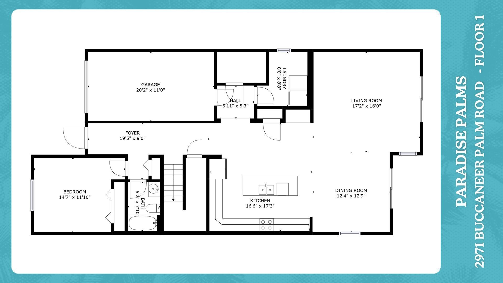 Plan d’étage d’une propriété située au 2971, boulevard Buccaneer Palm, à Paradise, sur Palm Road, en Floride. Le plan comprend un salon, une salle à manger, une cuisine, une chambre, une salle de bain, un hall d’entrée, un garage et une buanderie.