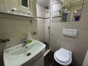 Shower, hair dryer, towels, toilet paper