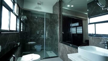 Luxury Penthouse | Bathroom | Separate bathtub and shower, free toiletries, hair dryer, slippers