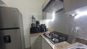 Une cuisine compacte équipée d’un réfrigérateur en acier inoxydable, d’une cuisinière à gaz, d’une machine à café et d’un mixeur.