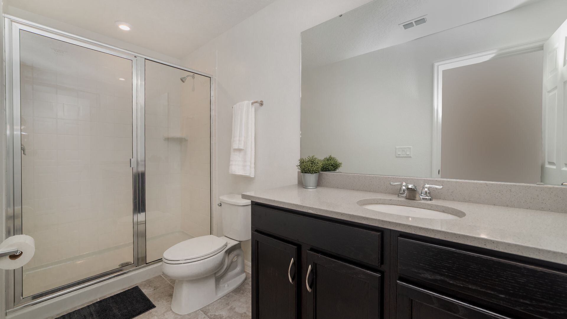 A modern bathroom with a glass shower enclosure, a toilet, a sink with a large mirror, and dark cabinetry.
