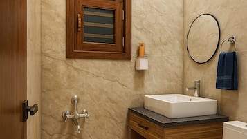 Hair dryer, towels, soap, toilet paper