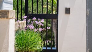 Una entrada protegida por un portón con una placa que dice "Narcis" y una planta en maceta con flores moradas.