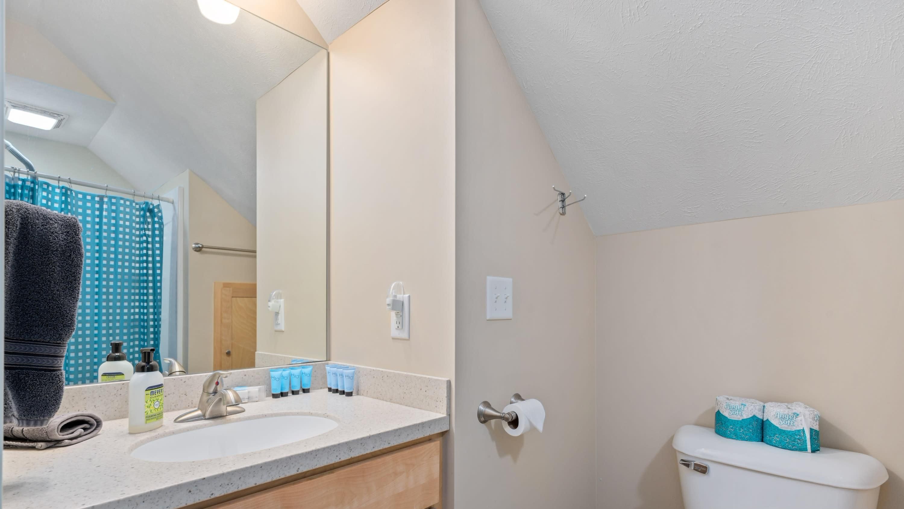 A bathroom with a sink, mirror, towel, toilet, and toilet paper.
