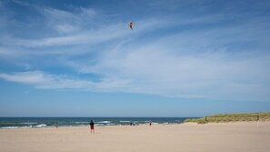 Une plage avec un ciel dégagé, un cerf-volant qui vole et le logo d’AMK Rentals.