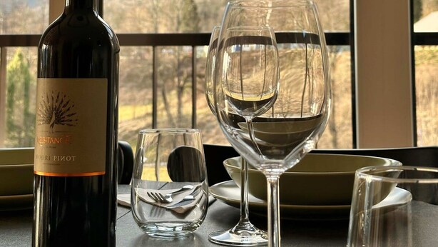 Une bouteille de vin et deux verres sur une table, avec vue sur les montagnes à travers de grandes fenêtres.