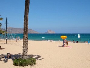 A beach with a palm tree, clear blue sky, and calm sea. - Casa Clare - 3 Bedroom Apartment in Denia (Denia)