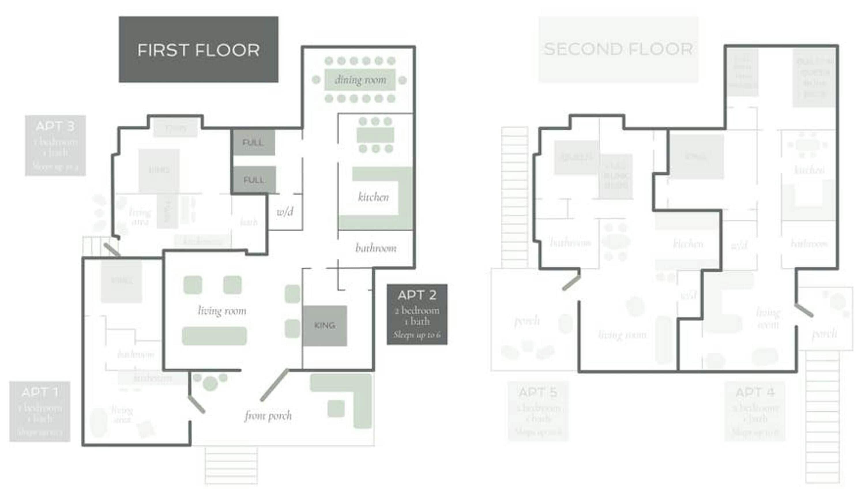 Plano de planta de un edificio de dos pisos, que incluye un comedor, cocina, sala de estar, baño y porche delantero.