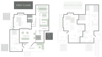 Plano de planta de un edificio de dos pisos, que incluye un comedor, cocina, sala de estar, baño y porche delantero.