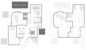 A floor plan of Apartment 2 at Eden Brae, featuring a living room, dining room, kitchen, and two bedrooms. - Apt2 Edenbrae - Walkable Southern Gothic Mansion (Birmingham)