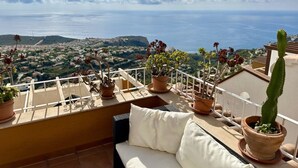 Ένα μπαλκόνι με θέα στη θάλασσα, γλάστρες με φυτά και ένας λευκός καναπές.