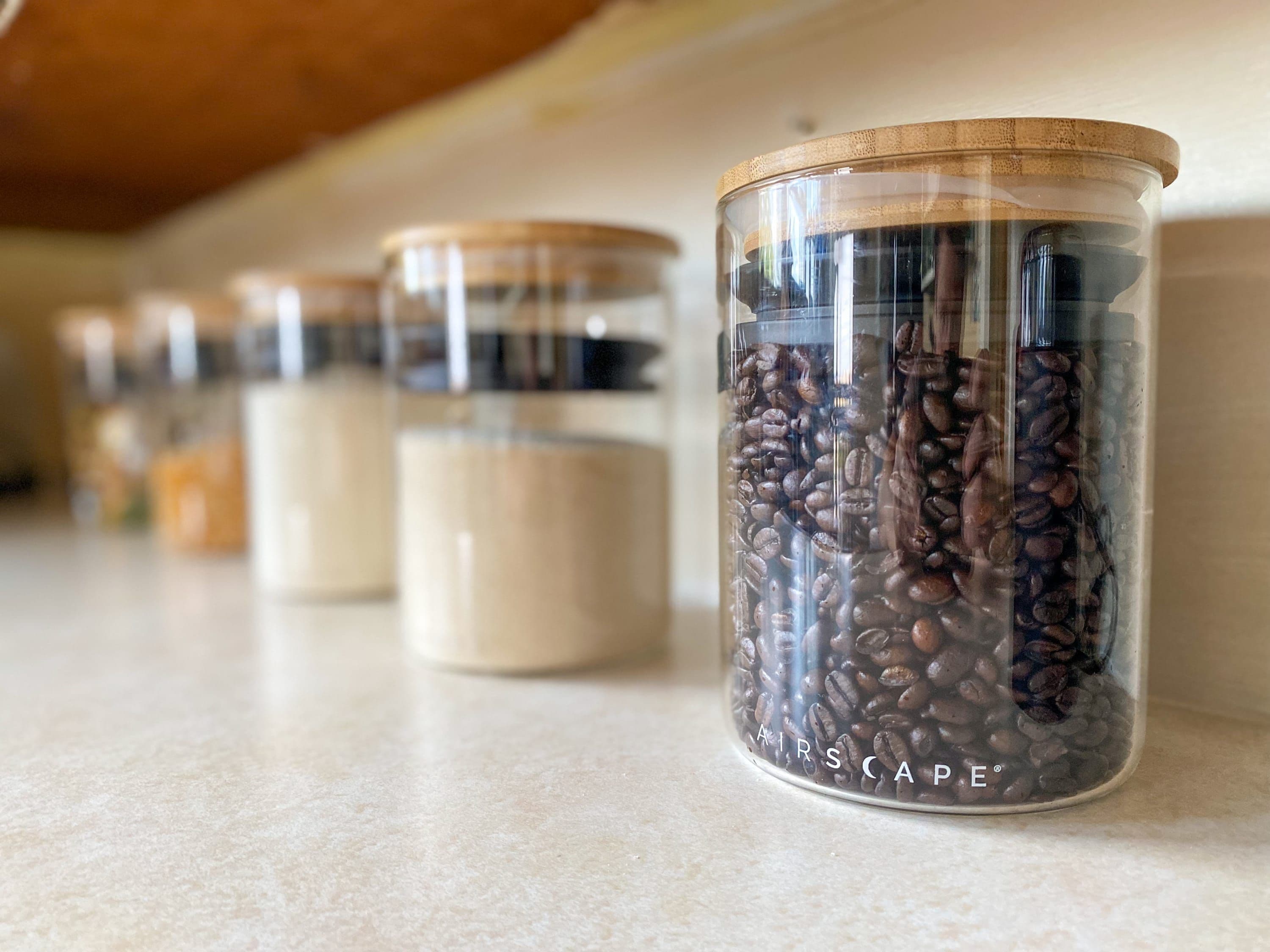 Vier Gläser mit Deckeln, gefüllt mit Kaffeebohnen und Flüssigkeit, stehen auf einer Arbeitsplatte.