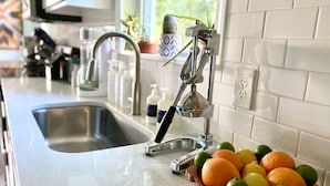 A kitchen with a sink, a citrus juicer, and a bowl of oranges and limes on the counter. - Blue Door Walk to Avondale Dog-friendly w Yard (Birmingham)