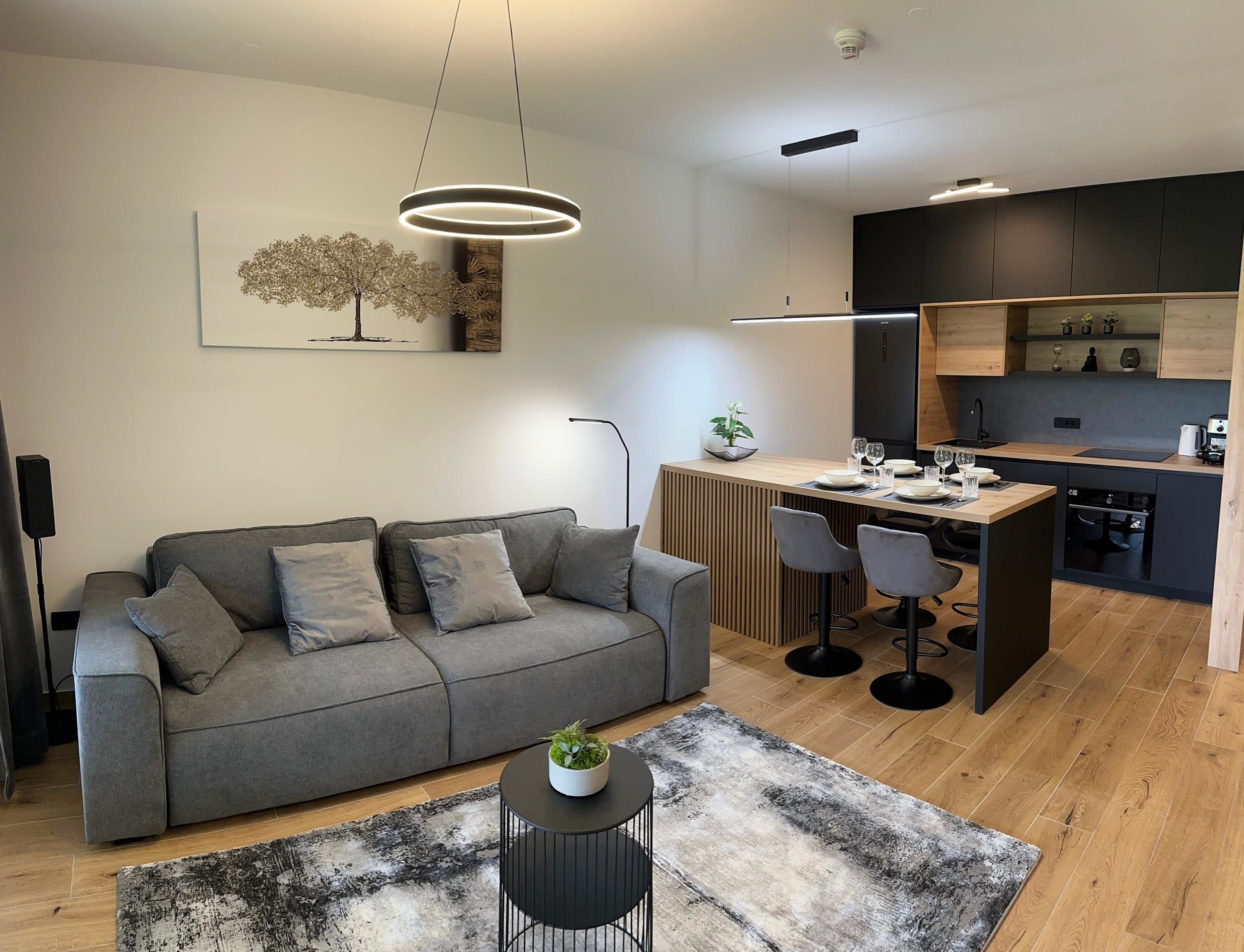 Uma sala de estar moderna com um sofá cinza, uma mesa de centro com uma planta, um tapete preto e uma área de cozinha com bancada de madeira e banquetas.