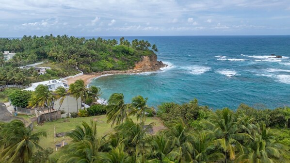 A coastal landscape with a beach, palm trees, and ocean waves. - Upscale Villa in Gated Community Beach Access Yari (Vega Alta)