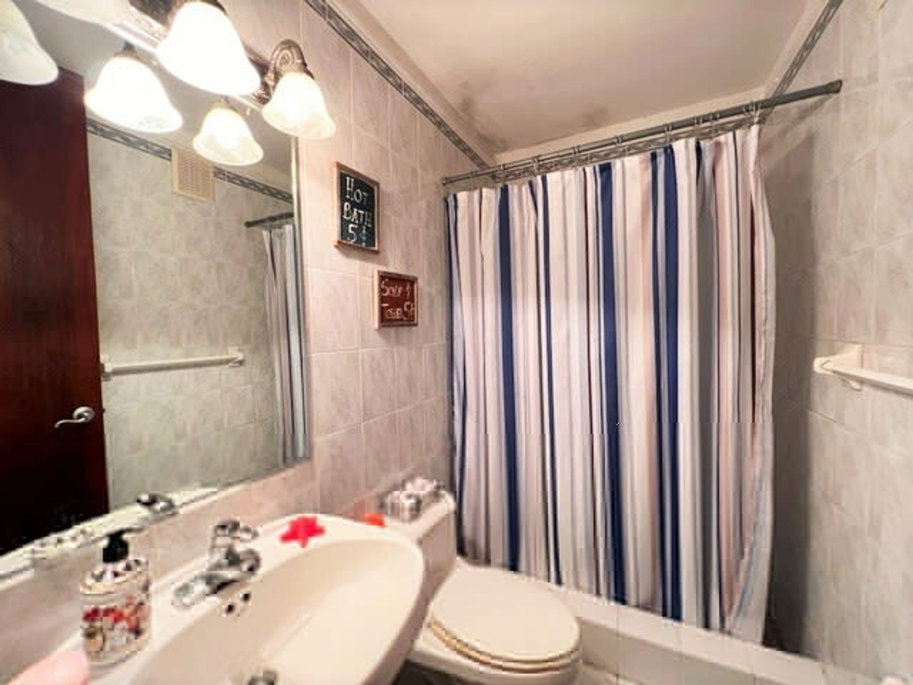A bathroom with a white sink, a mirror, a toilet, and a shower curtain.
