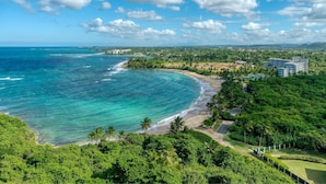A coastal view with a beach, palm trees, and a hotel with multiple floors and balconies overlooking the ocean. - Villa Quenepa at Lakeside Villas (Vega Alta)