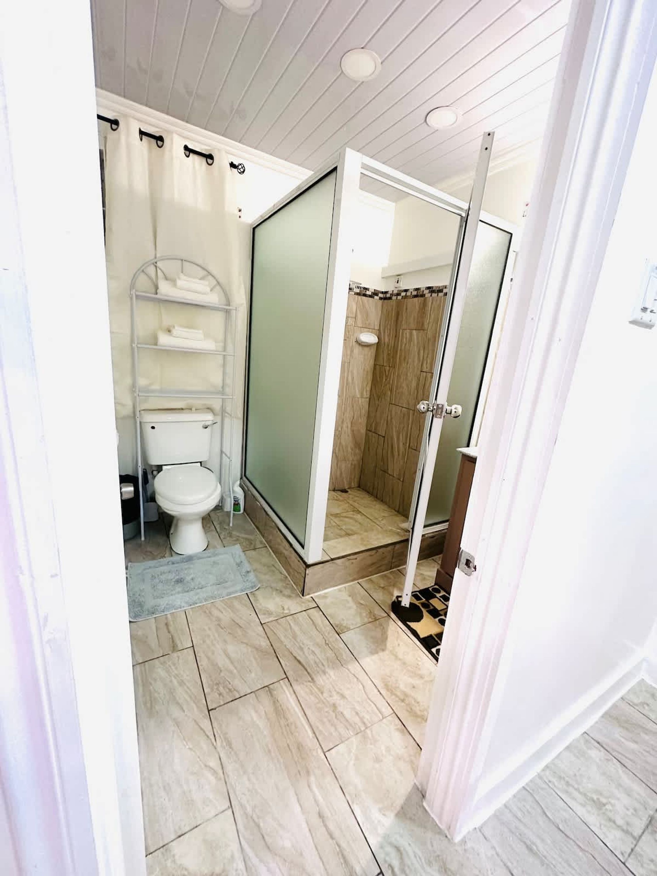 Un baño con inodoro, ducha y toallero.
