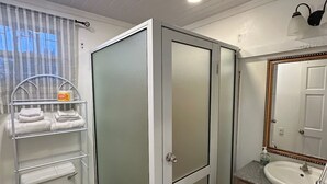 A bathroom with a toilet, a shower enclosure, a sink, and a mirror. - Junior Suite in Pigeon Island (Georgetown)
