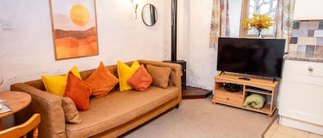 Un salon confortable avec un canapé, un téléviseur et une fenêtre avec des rideaux.