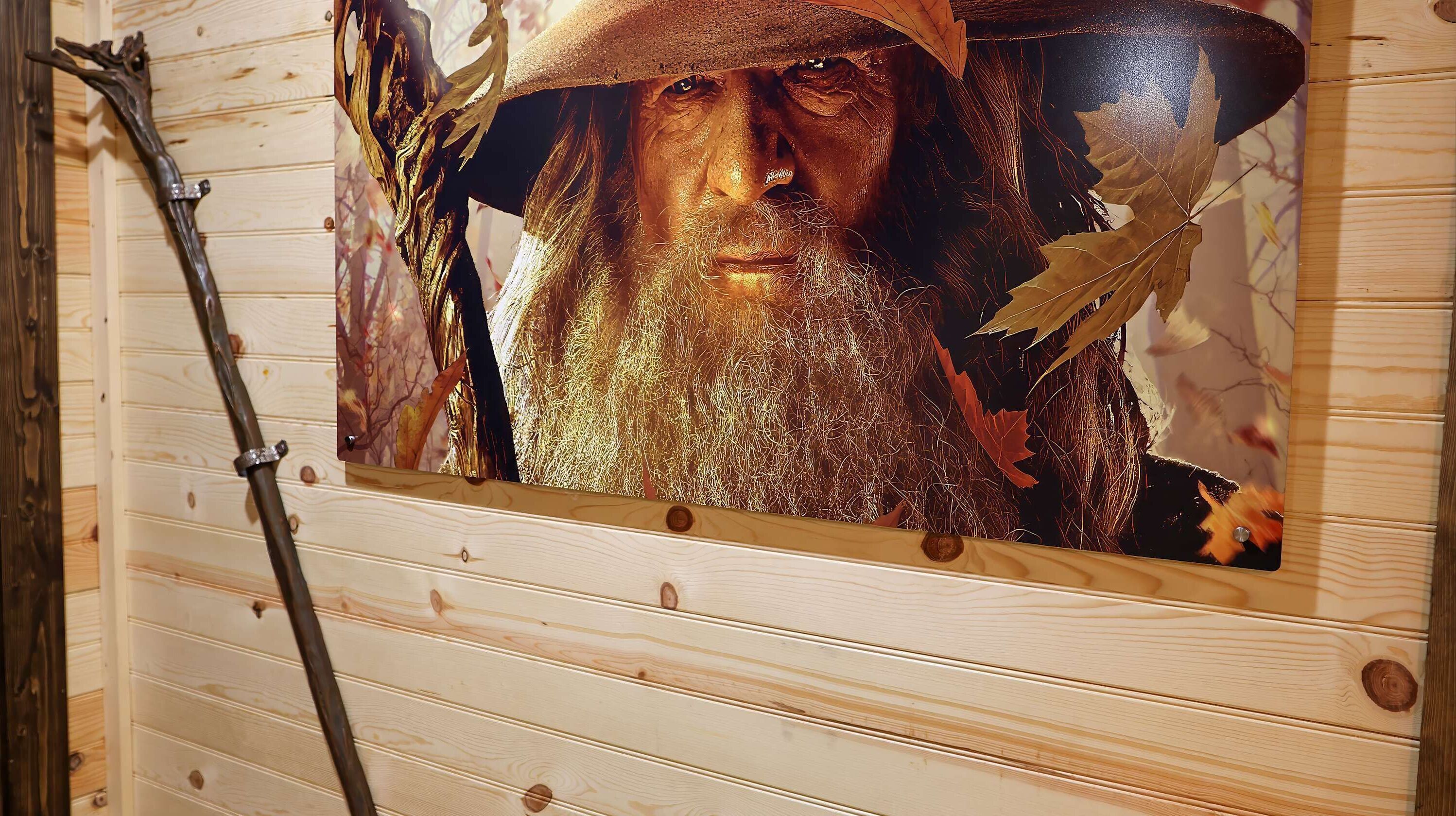 A wooden wall with a framed picture of a person wearing a hat and a beard.