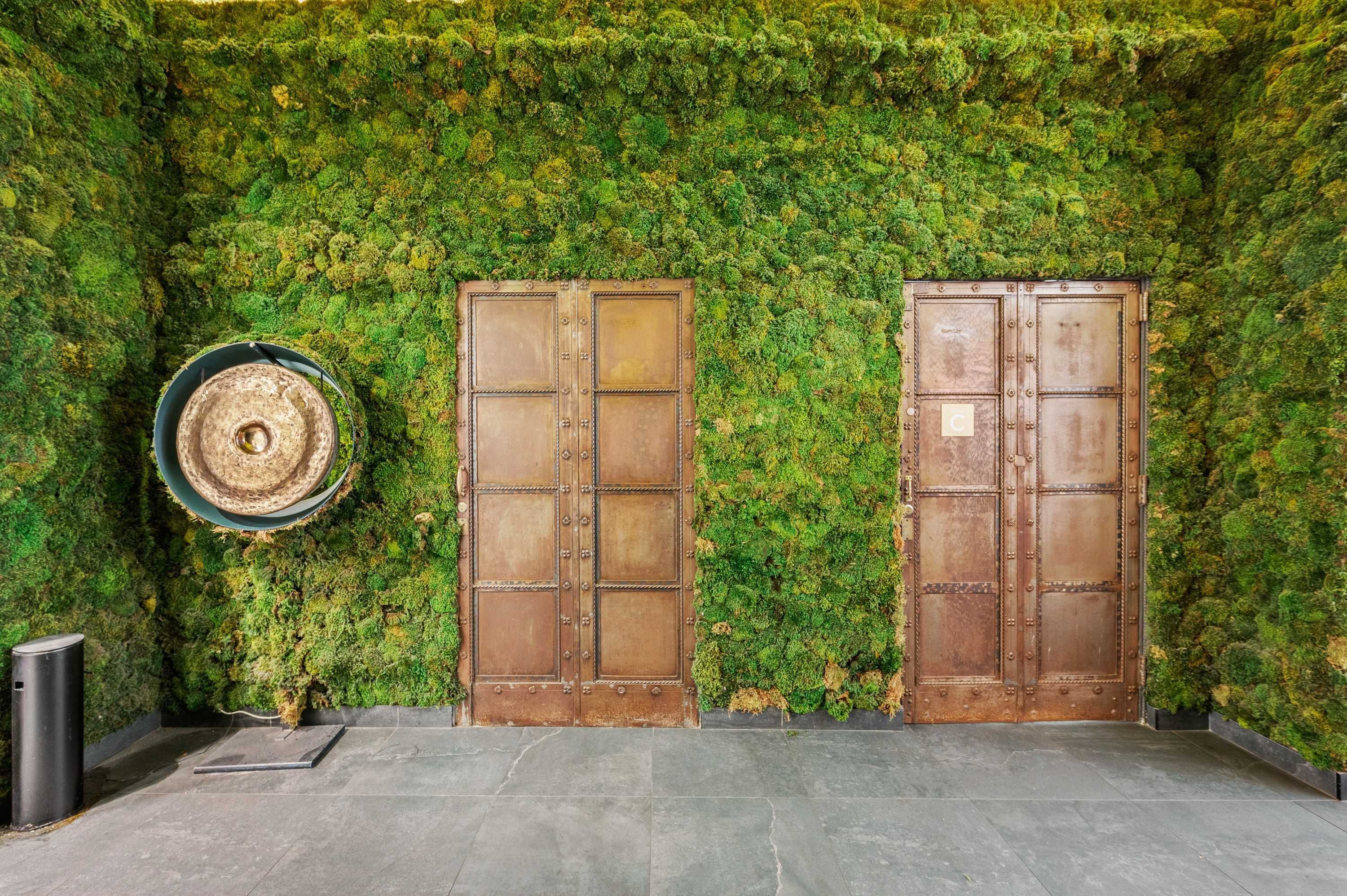 A moss-covered wall with two metal doors and a trash bin.