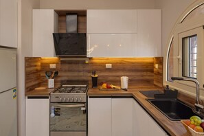 Una cucina compatta con piano cottura a gas, forno e schienale in legno.