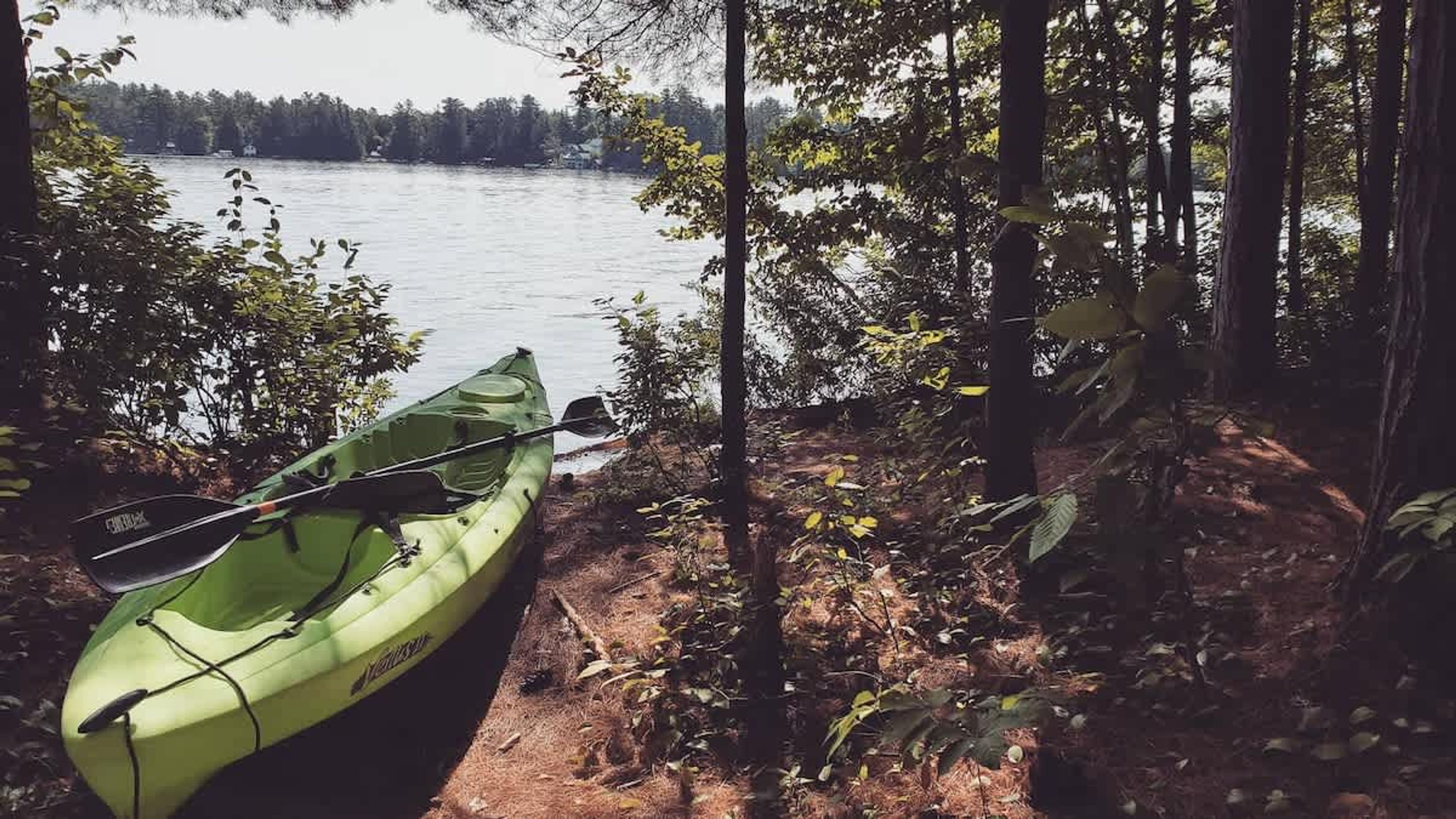 A kayak docked at a forested lakeside.