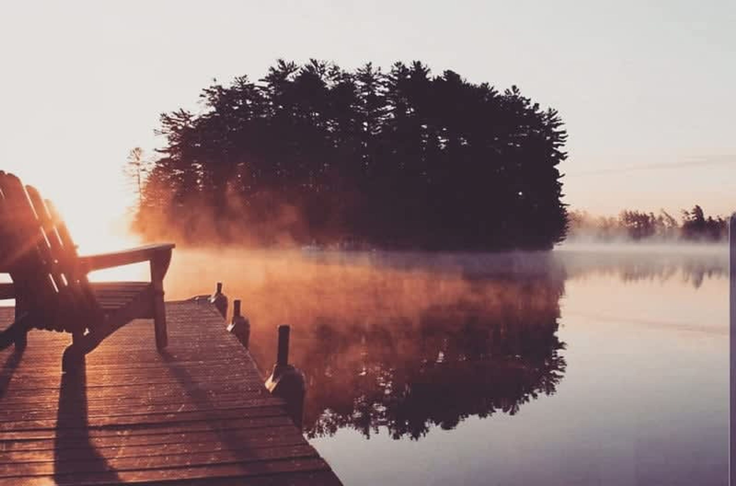 A wooden pier extending into a calm lake with a bench and a bottle, surrounded by trees and mist.