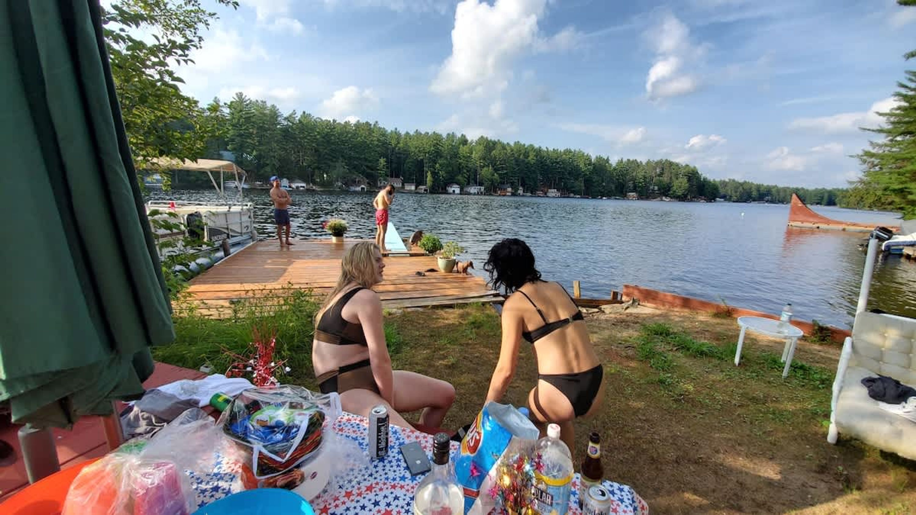 A lakeside setting with a wooden dock, picnic table, and outdoor seating.