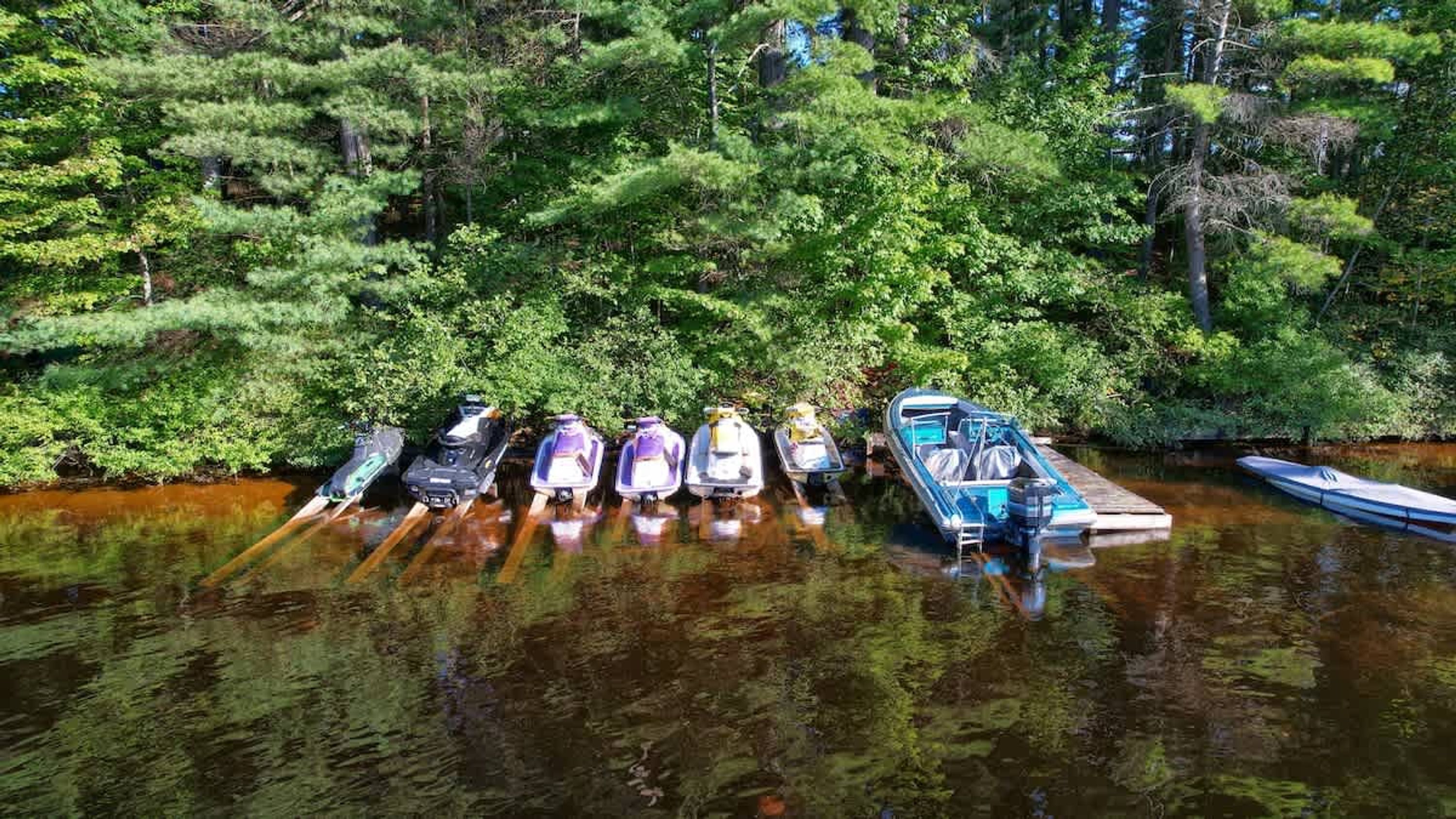Una hilera de canoas y kayaks alineados en un muelle de madera a orillas de un río bordeado por un bosque.