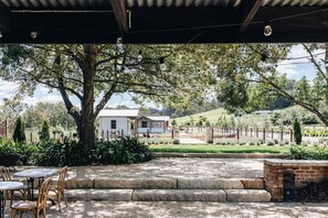 An outdoor patio area with stone steps, wooden chairs, and tables. A large tree provides shade, and a building is visible in the background.