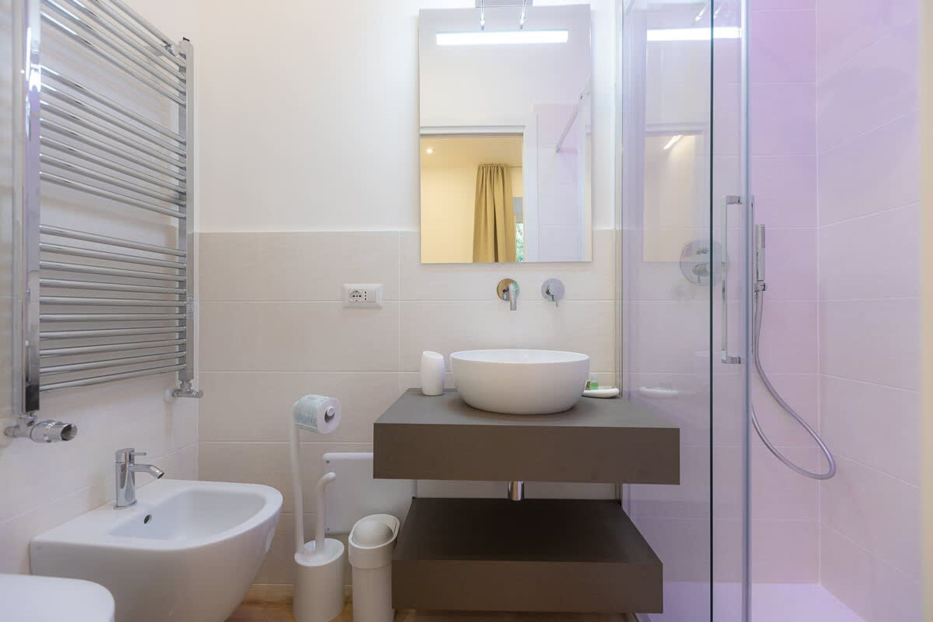 Un baño moderno con un bidé, un lavabo, un espejo y una ducha.