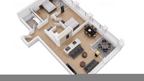 A 3D floor plan of a modern apartment with a living room, dining area, kitchen, and a separate bedroom. - Dream View Apt With Homecinema Netflix Loggia (Kriens)