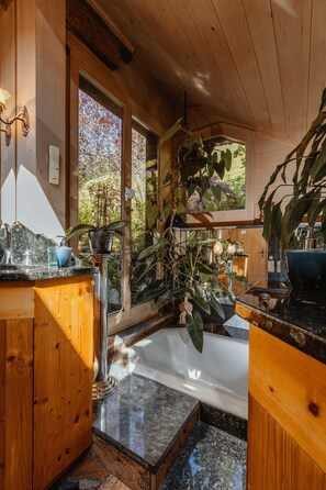 Interior de una cabaña de madera con un baño que incluye una bañera, un lavamanos con un jabonero azul y varias macetas con plantas.