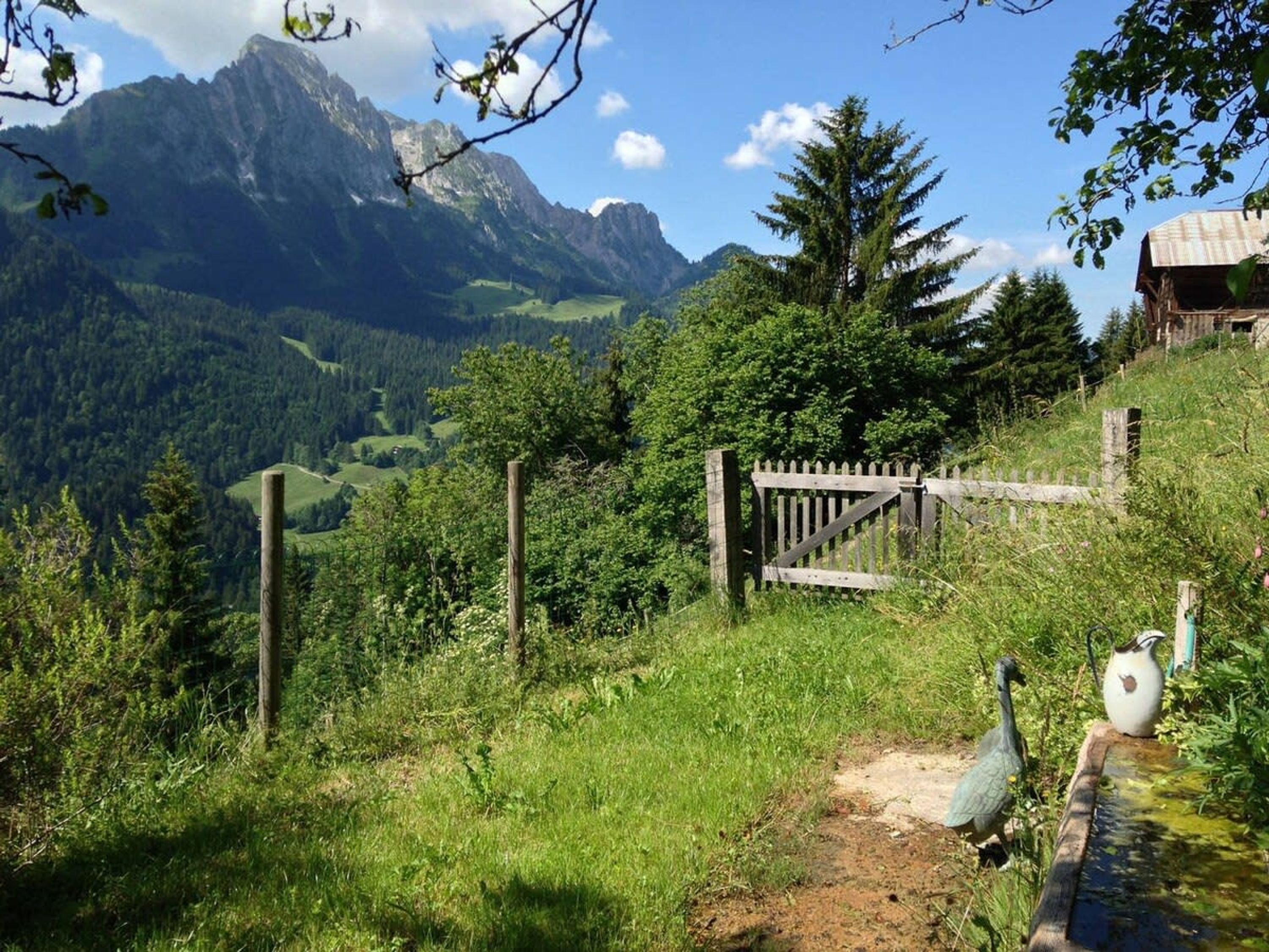 Ein rustikales Holztor mit Blick auf die Berge im Hintergrund.