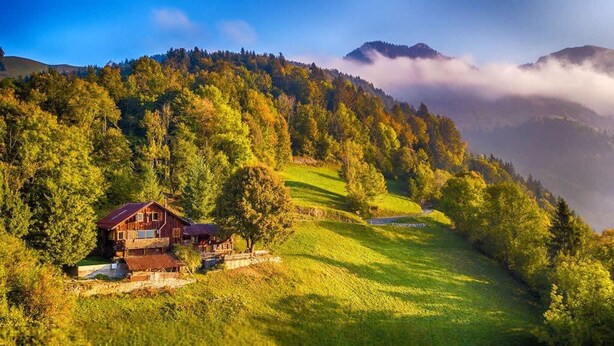 A wooden cabin with a red roof, surrounded by lush green hills and a forested mountain backdrop. - Heidi Chalet - Panoramic View - Modern Part (Rossiniere)