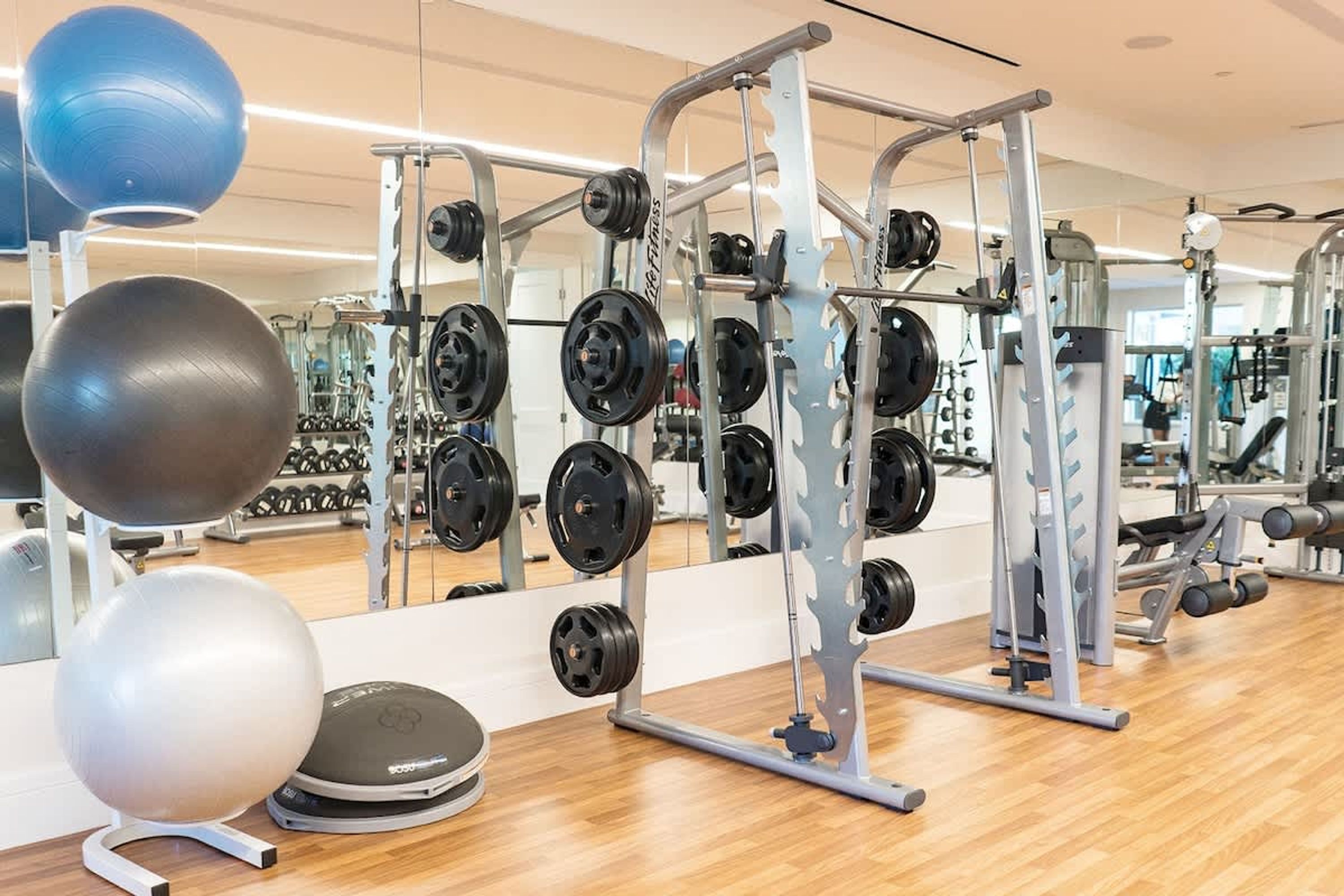 A gym with exercise equipment, including a squat rack, dumbbells, and exercise balls.