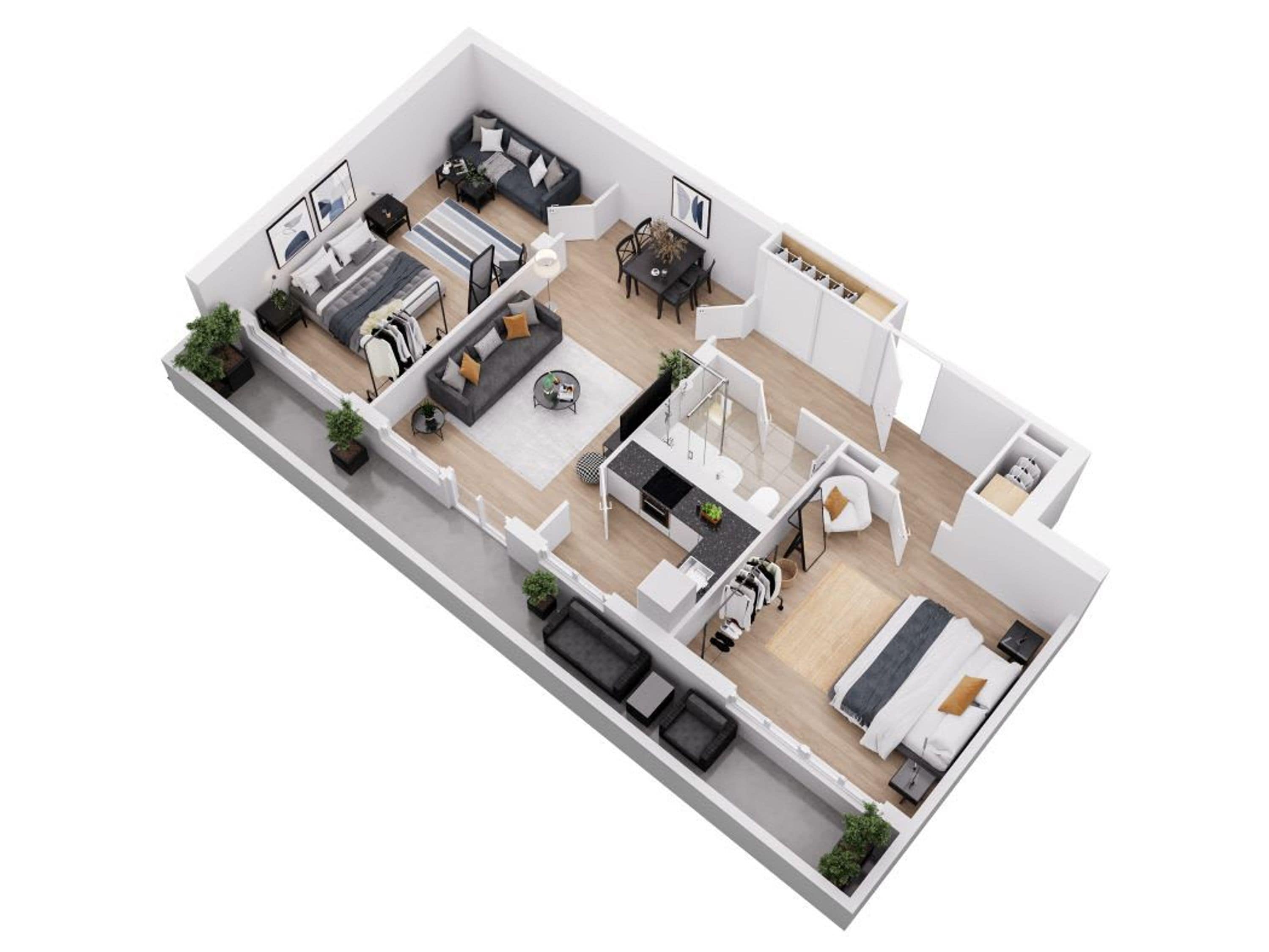 A 3D floor plan of a modern apartment with a living room, dining area, kitchen, two bedrooms, and a balcony.
