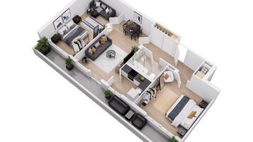 A 3D floor plan of a modern apartment with a living room, dining area, kitchen, two bedrooms, and a balcony.