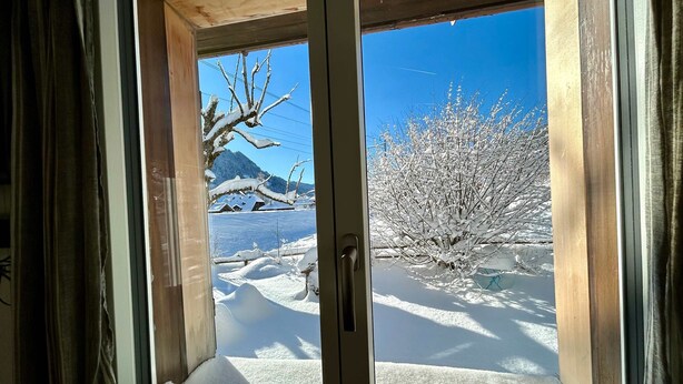 A window with a view of a snowy landscape, including bare trees and a distant mountain. - Le Petite Chalet in Rougemont (Rougemont)